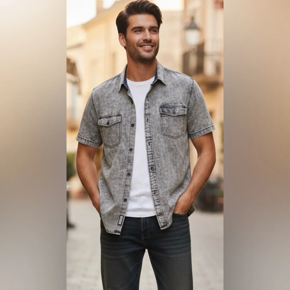 Buffalo David Bitton Mineral Wash Tan Short Sleeved Shirt, 100%Cotton, XL/TG